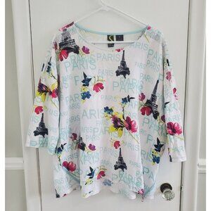 Sportelle Top Women's 2X Paris Eiffel Tower Floral Cotton Pullover Shirt